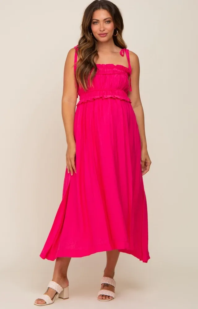 Fuchsia Shirred Shoulder Tie Maternity Midi Dress