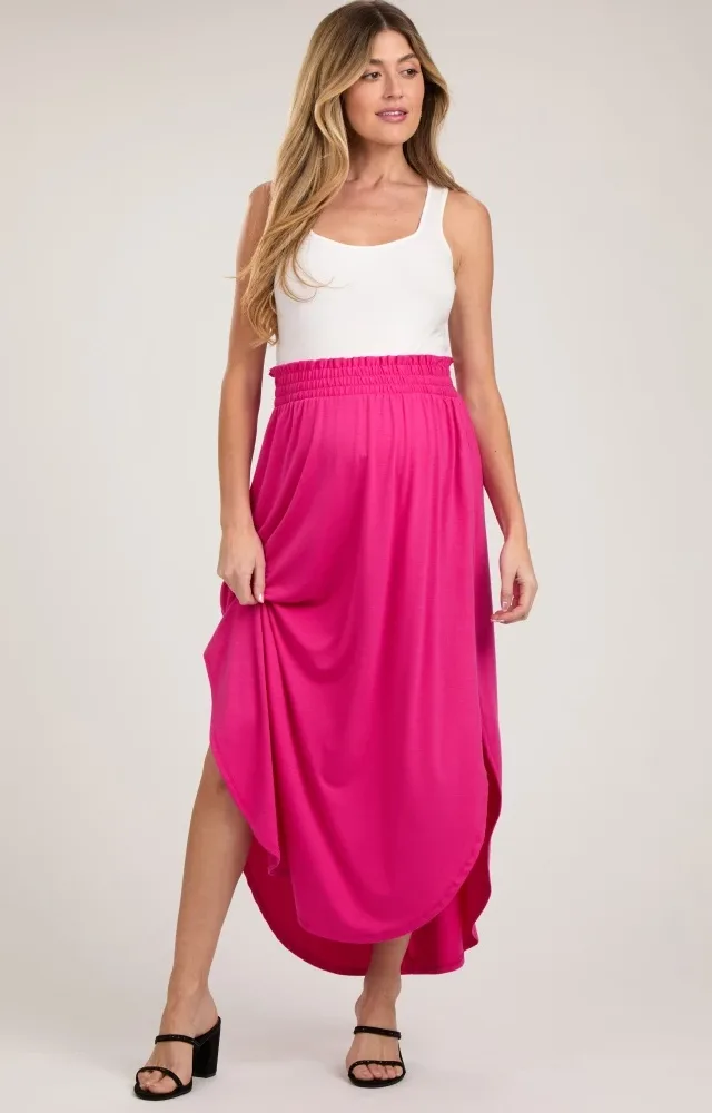 Fuchsia Smocked Rounded Hem Maternity Maxi Skirt