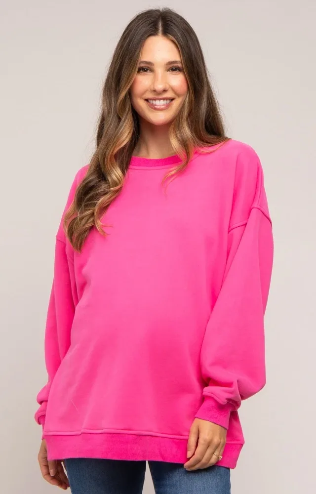 Fuchsia Soft Knit Fleece Lined Maternity Sweatshirt