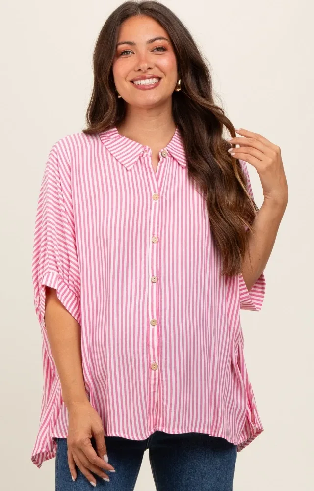 Fuchsia Striped Button Up Dolman Maternity Top