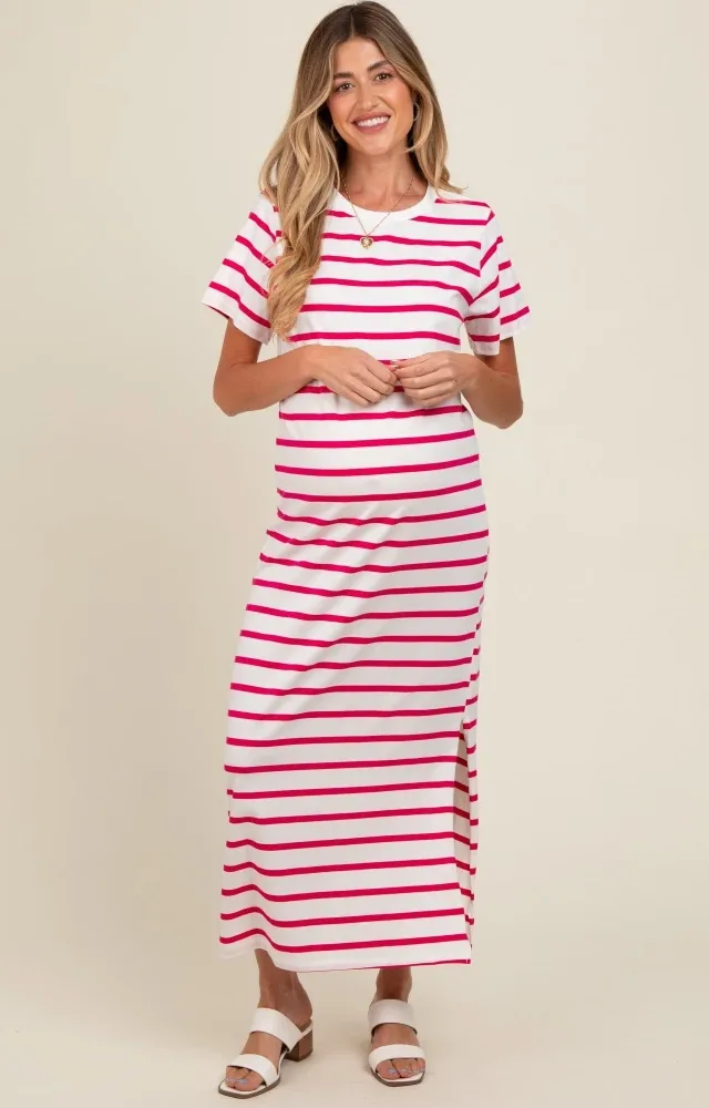 Fuchsia Striped Side Slit Maternity Maxi Dress