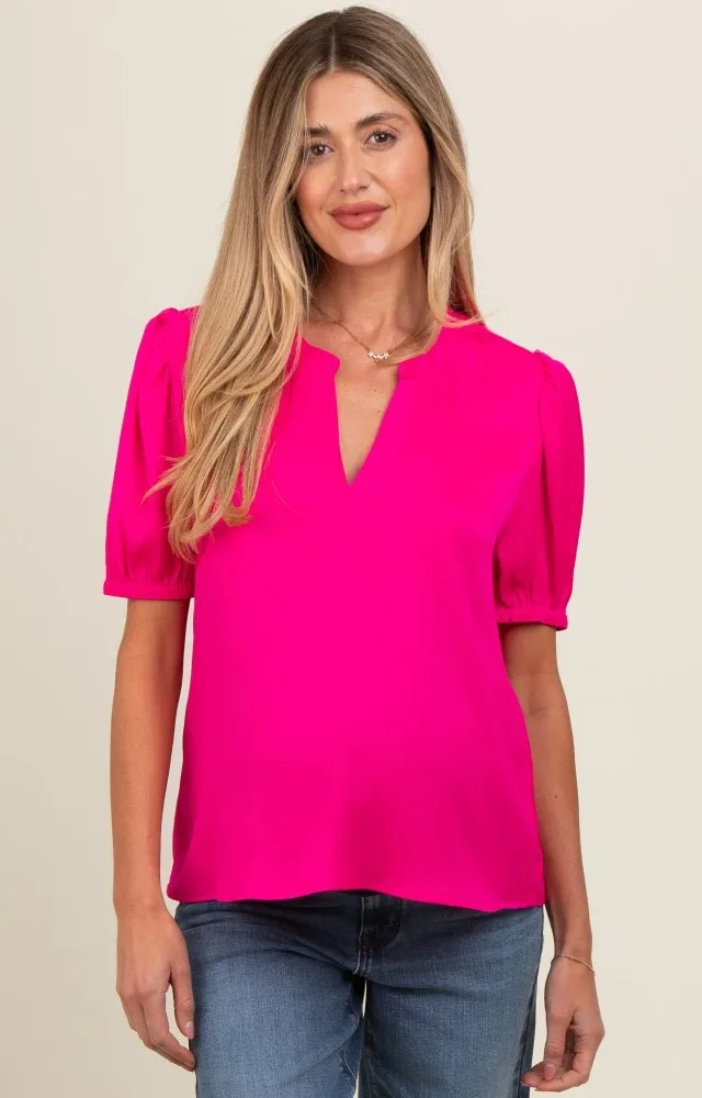 Fuchsia V-Neck Puff Sleeve Maternity Blouse