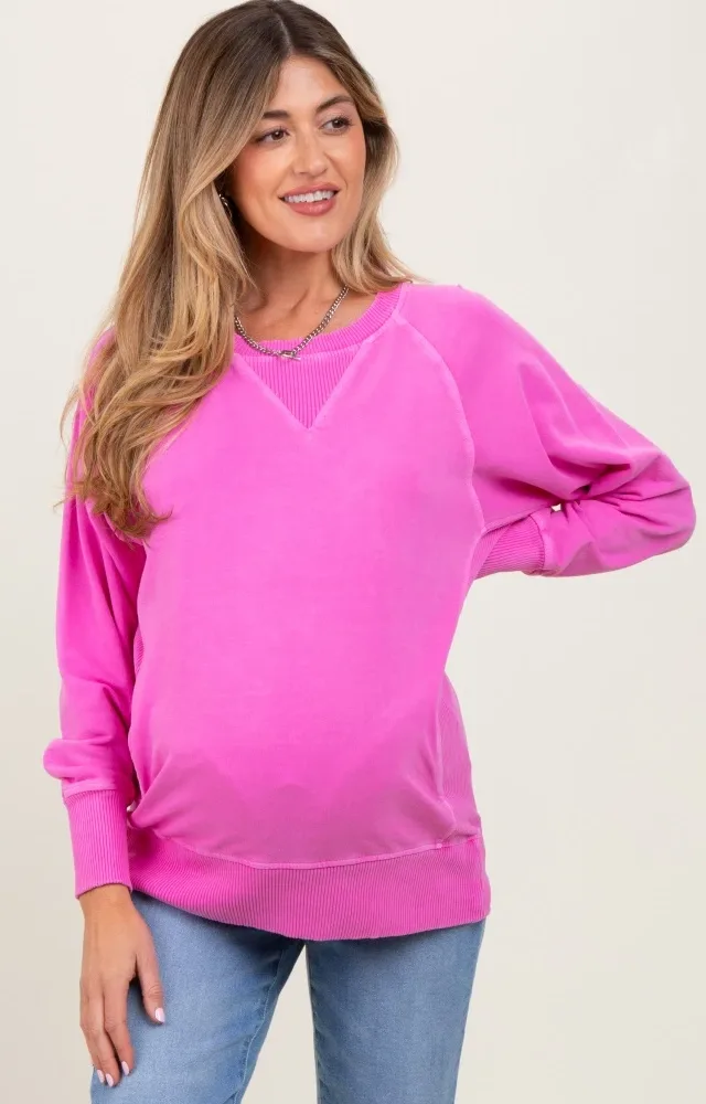 Fuchsia Vintage Wash French Terry Maternity Pullover