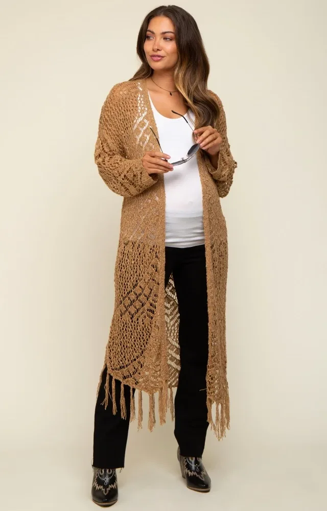 Gold Crochet Fringe Hem Maternity Cardigan