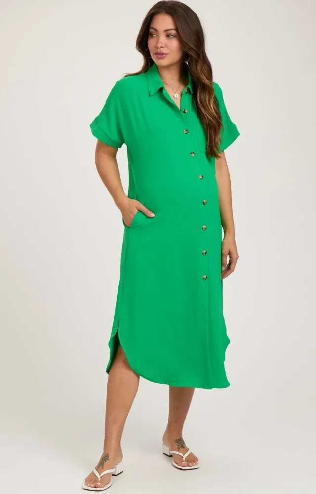 Green Button Down Front Pocket Maternity Midi Dress