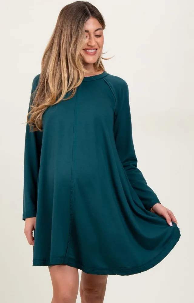 Green Crew Neck Flared Fit Long Sleeve Maternity Mini Dress