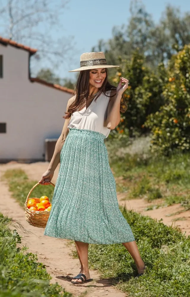 Green Floral Pleated Maternity Midi Skirt