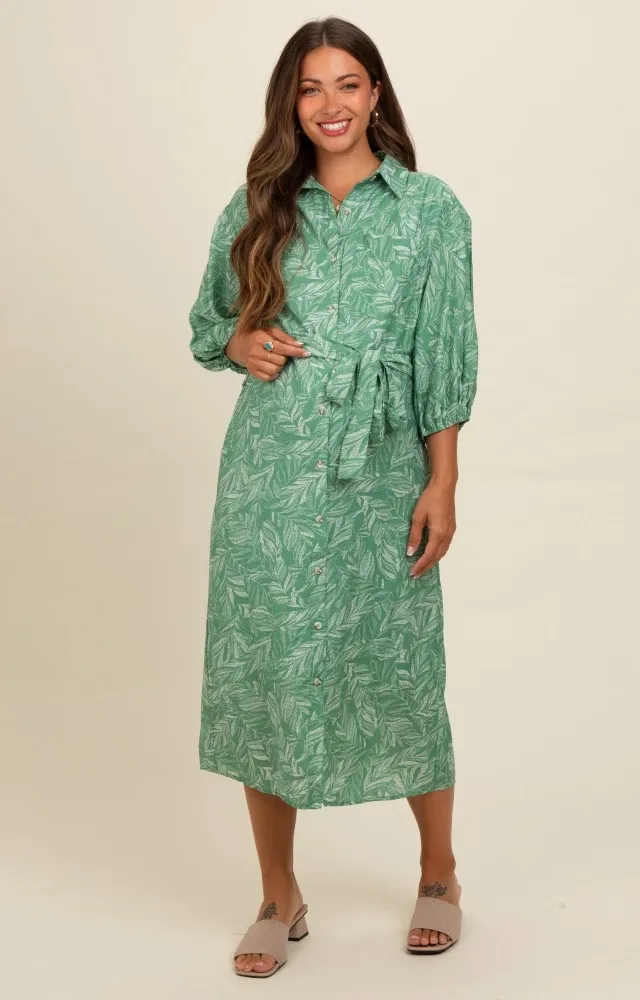 Green Mocha Leaf Print Button Down Front Tie Maternity Midi Dress