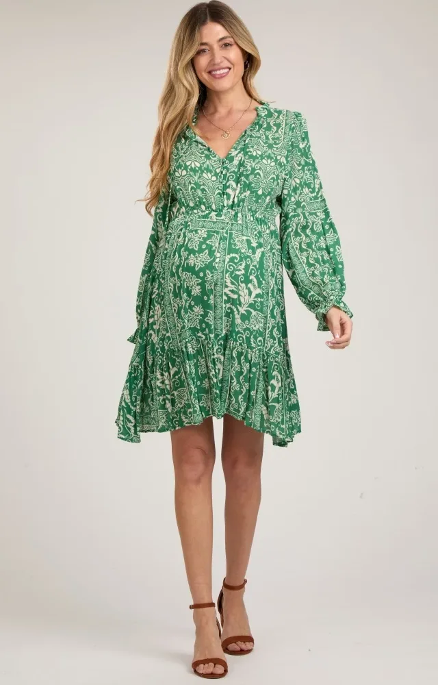 Green Paisley Floral Ruffle Neck Button Front Maternity Dress