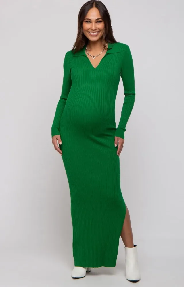 Green Rib Knit Collared Maternity Maxi Dress