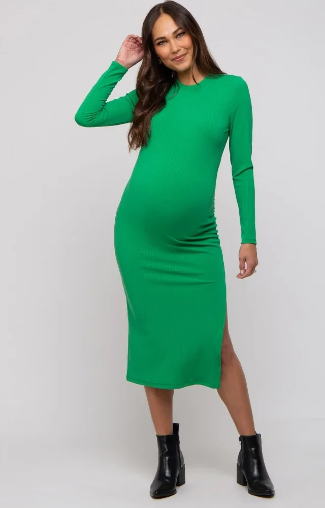 Green Ribbed Mock Neck Long Sleeve Maternity Midi Dress