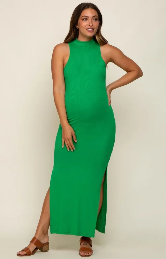 Green Ribbed Side Slit Maternity Maxi Dress