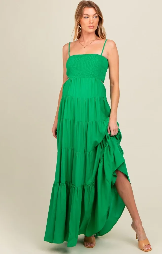 Green Smocked Cutout Maternity Maxi Dress