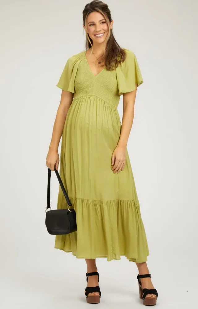 Green Smocked Flutter Sleeve Maternity Midi Dress