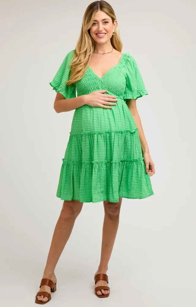 Green Smocked V-Neck Ruffle Short Sleeve Tiered Maternity Dress