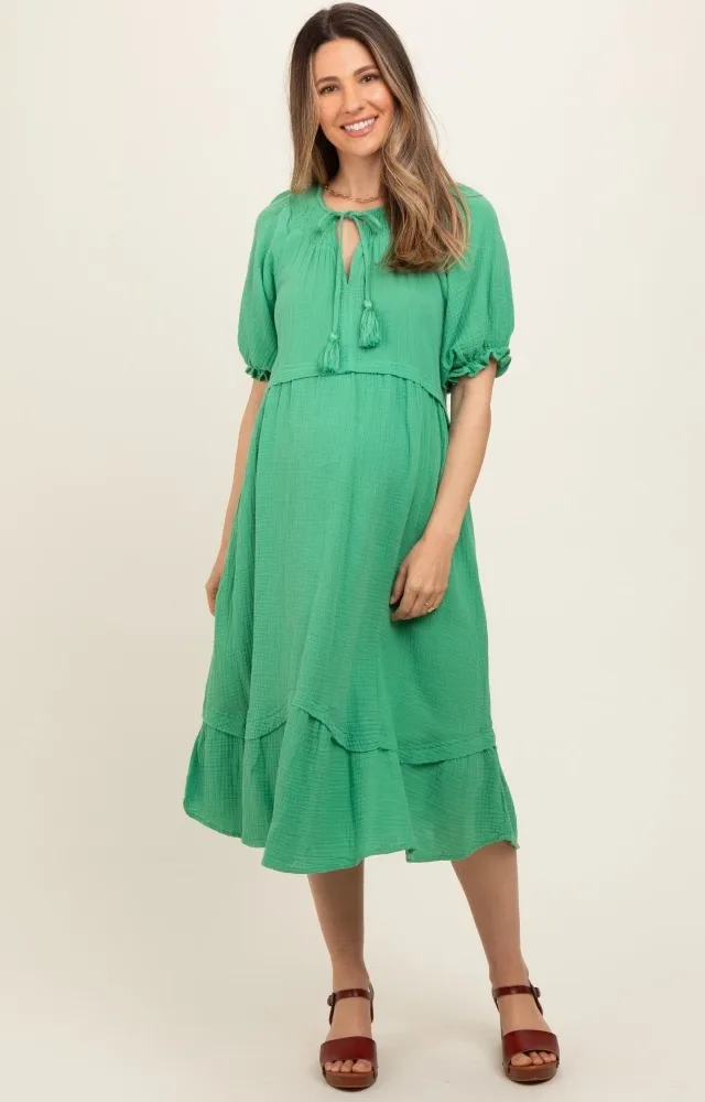 Green Tassel Tie Maternity Midi Dress