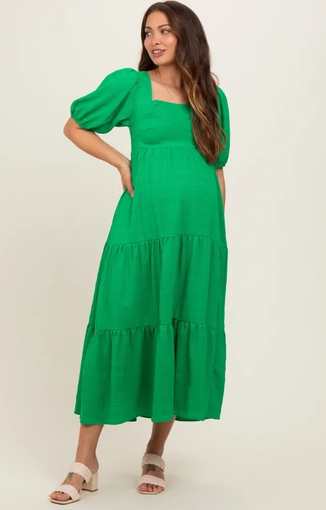 Green Textured Maternity Tiered Midi Dress