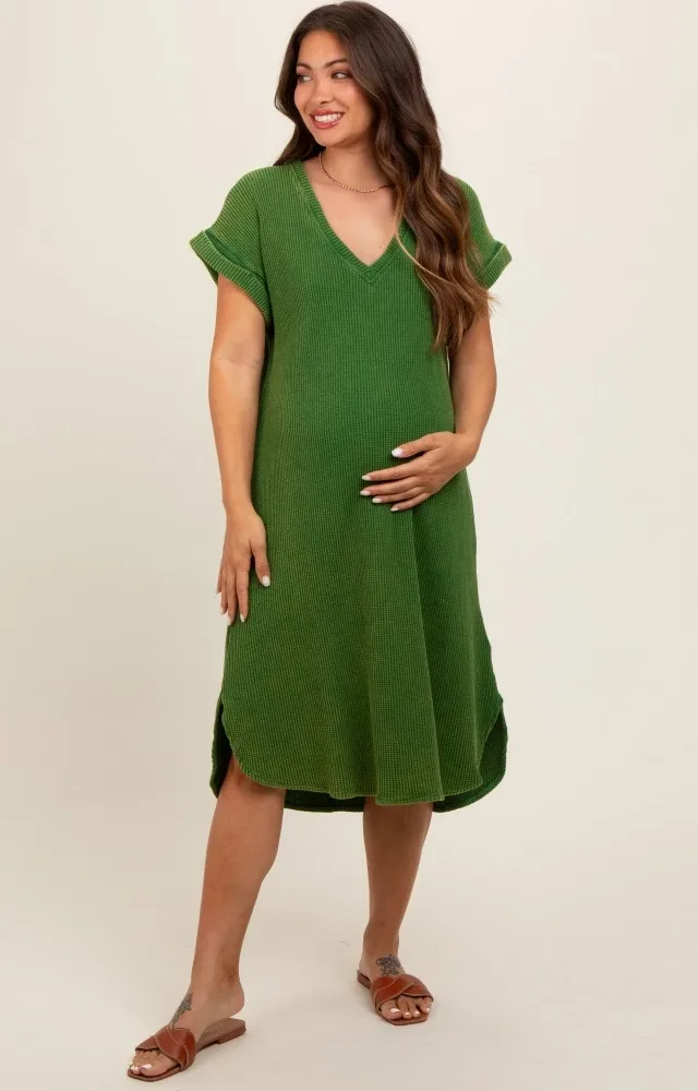 Green Waffle Knit Short Sleeve Maternity Dress