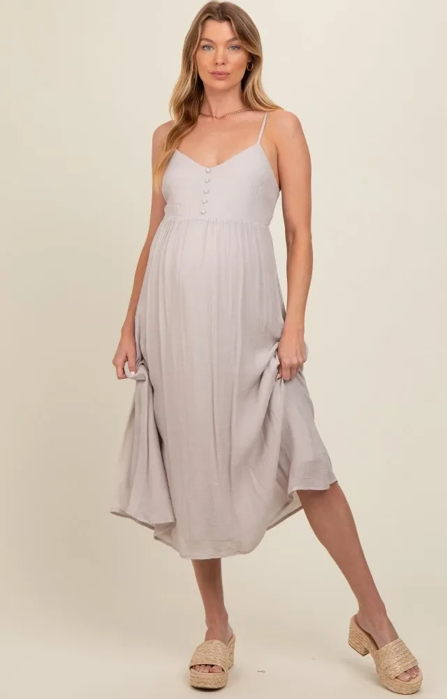 Grey Button Accent Maternity Midi Dress