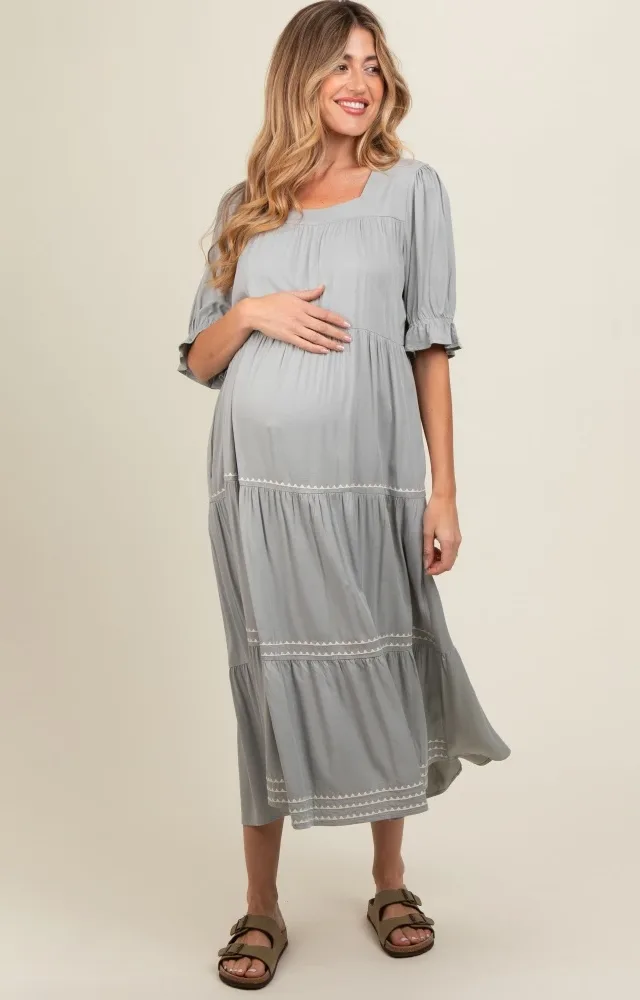 Grey Embroidered Tiered Maternity Midi Dress