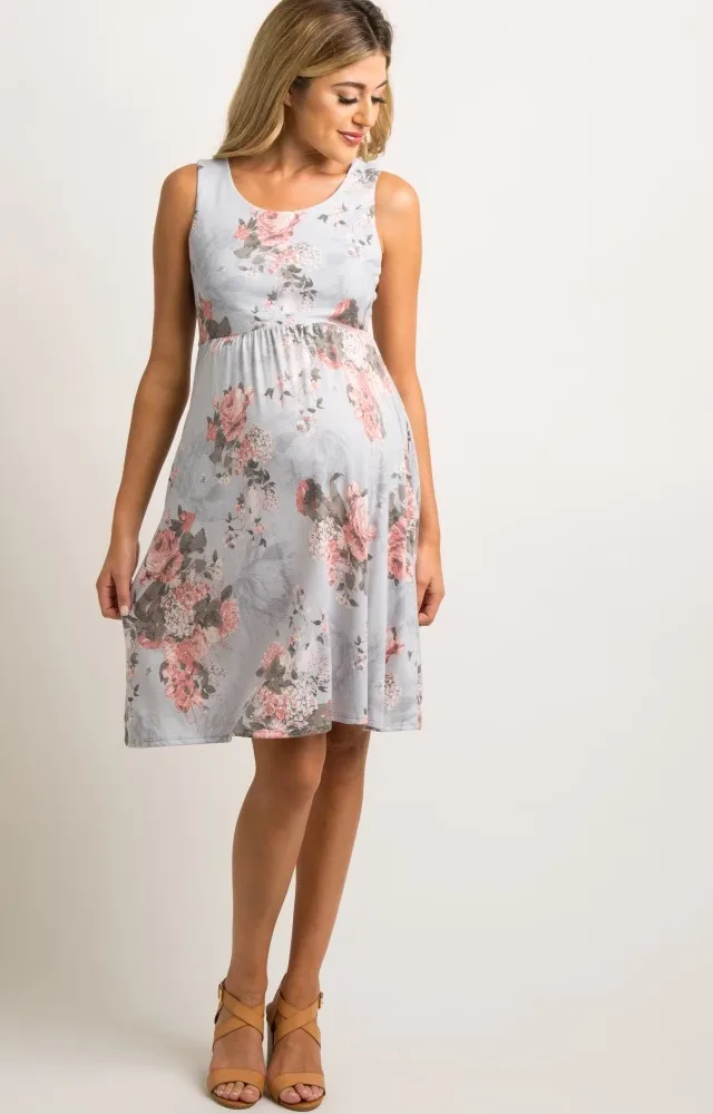 Grey Floral Sleeveless Maternity Dress