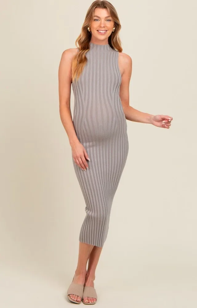 Grey Ribbed Knit Mock Neck Fitted Maternity Dress