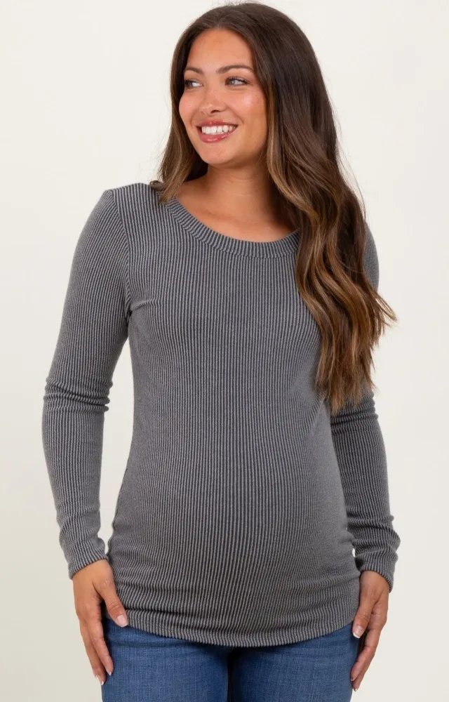 Grey Ribbed Scoop Neck Long Sleeve Maternity Top