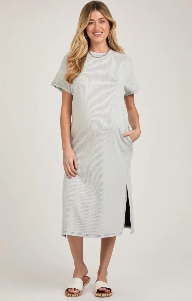 Grey Ribbed Short Dolman Sleeve Side Slit Maternity Midi Dress