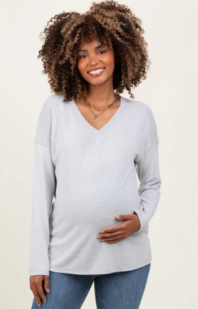 Heather Grey Basic V-Neck Long Sleeve Brushed Knit Maternity Top