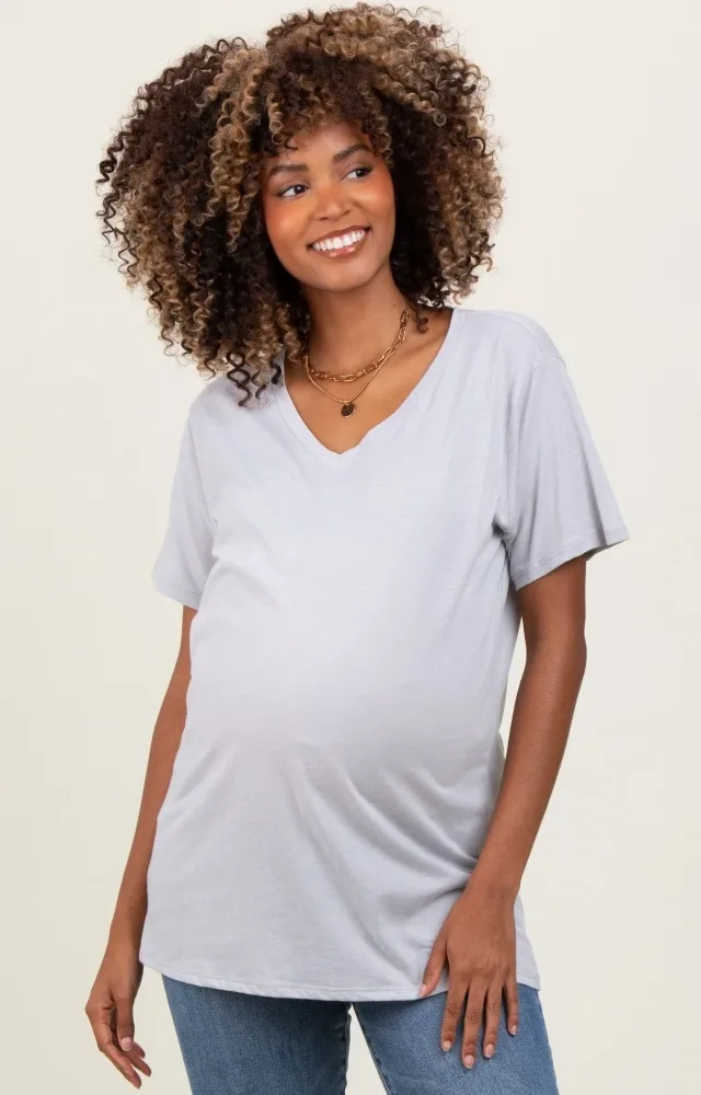 Heather Grey Oversized V-Neck Short Sleeve Maternity Tee