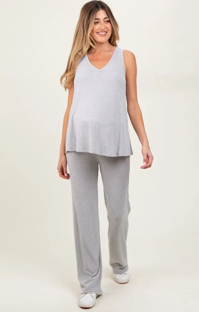 Heather Grey Rib Knit Tank And Pant Maternity Set