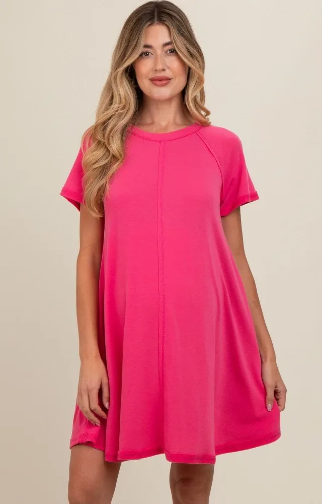 Hot Pink Solid T-Shirt Maternity Mini Dress