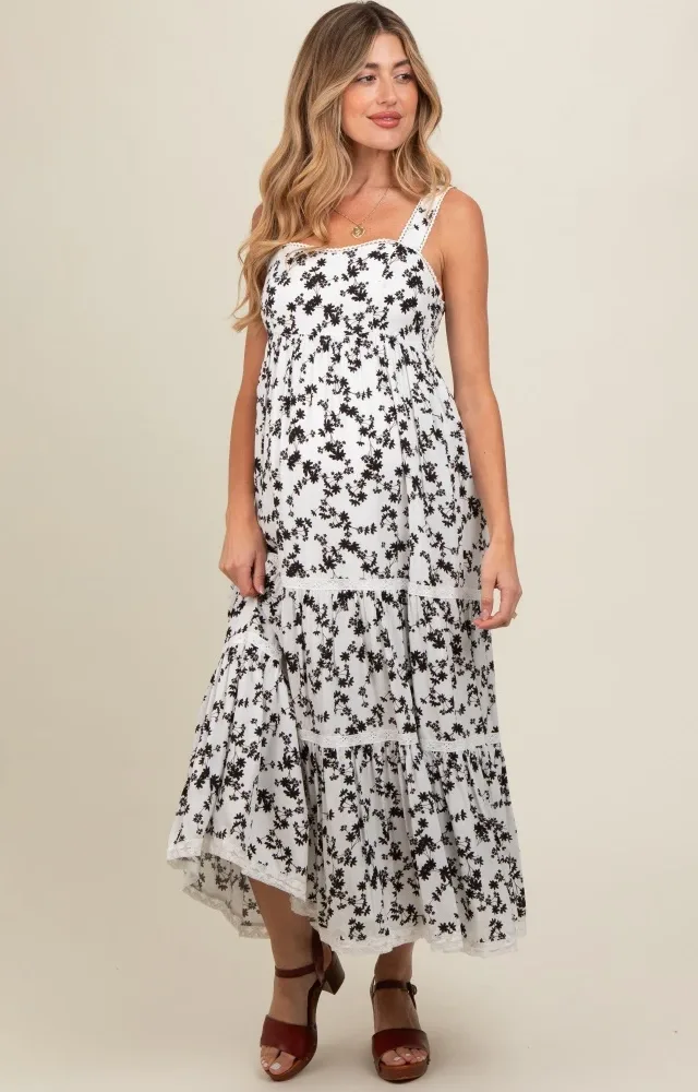 Ivory Floral Lace Trim Tiered Maternity Maxi Dress