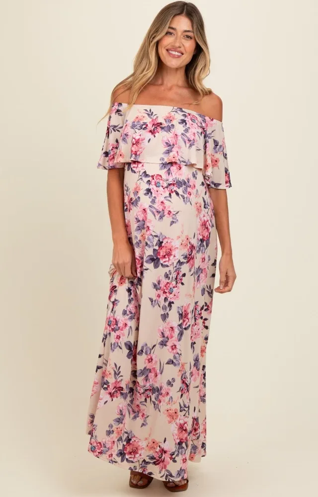 Ivory Floral Off Shoulder Maternity Maxi Dress