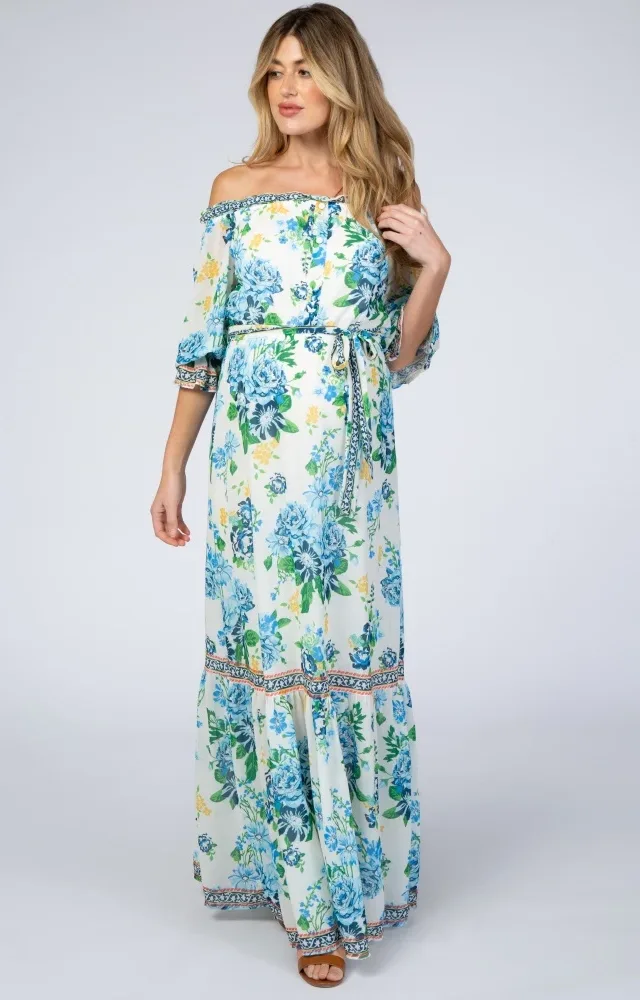 Ivory Floral Off Shoulder Maternity Maxi Dress