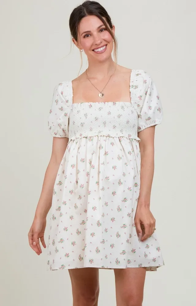 Ivory Floral Puff Short Sleeve Maternity Mini Dress