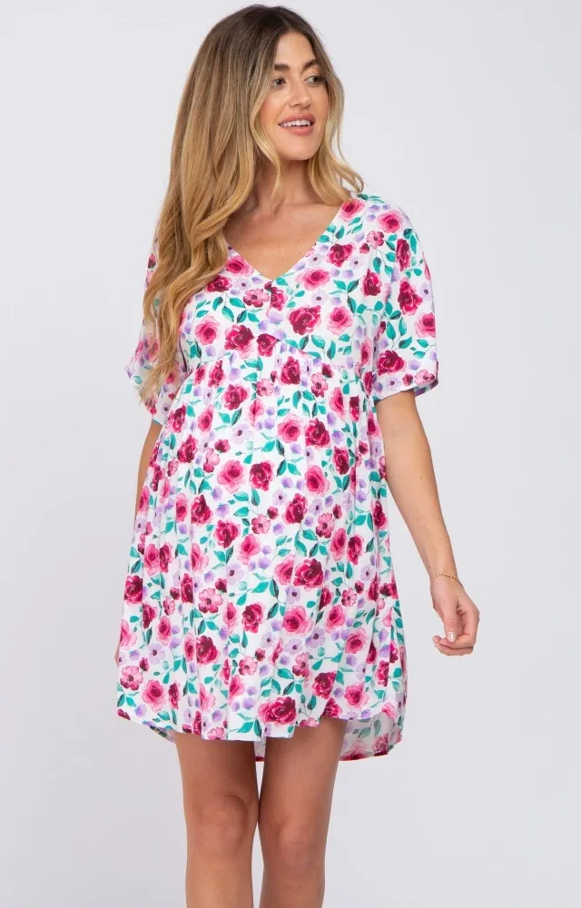 Ivory Floral Short Sleeve Babydoll Maternity Dress