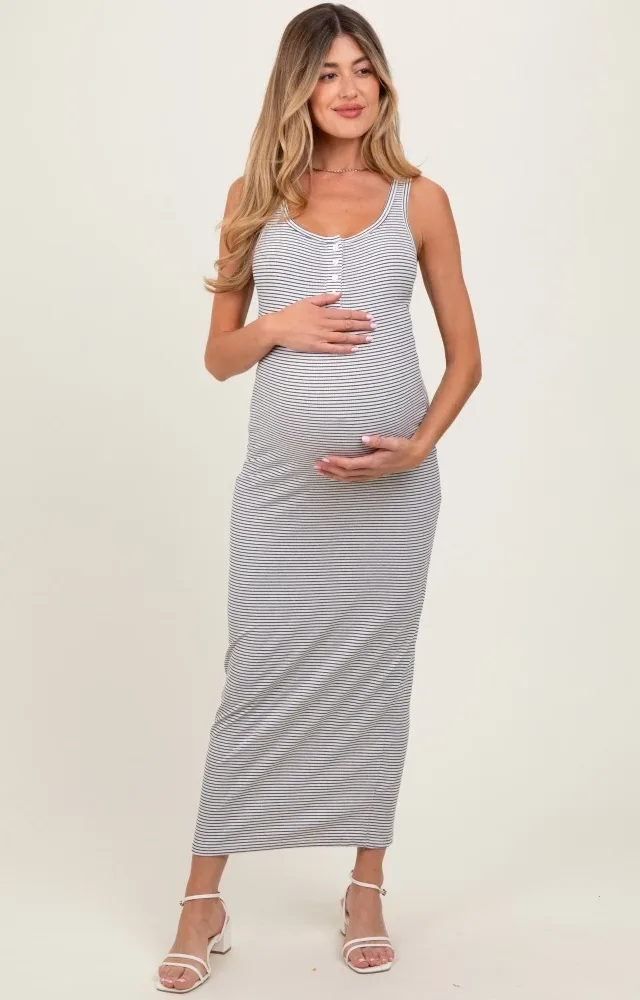 Ivory Striped Button Front Sleeveless Maternity Maxi Dress