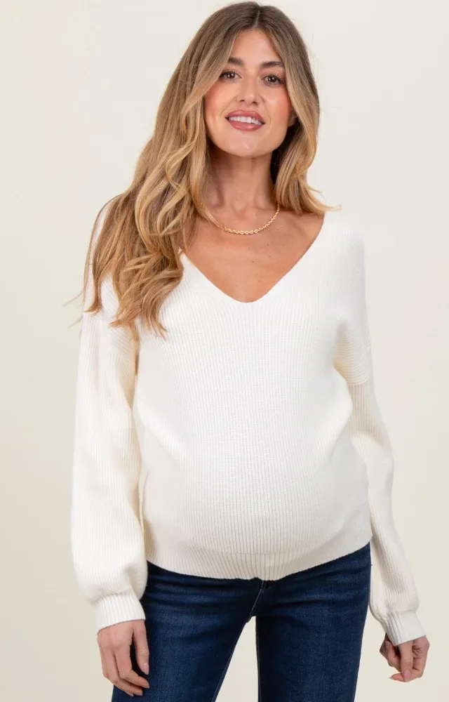 Ivory V-Neck Drop Shoulder Back Bow Tie Maternity Sweater