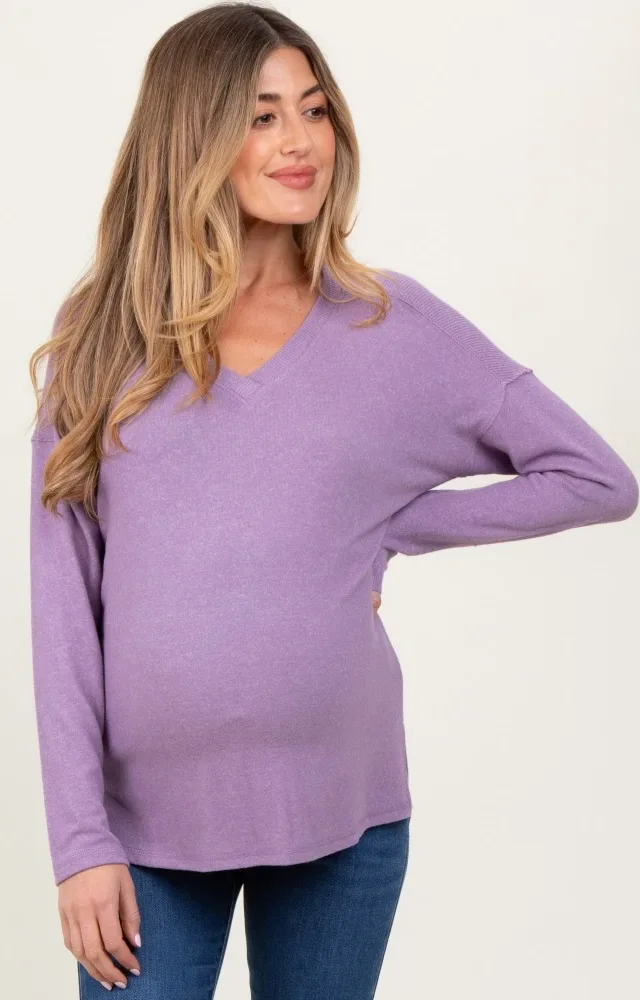 Lavender Basic V-Neck Long Sleeve Brushed Knit Maternity Top