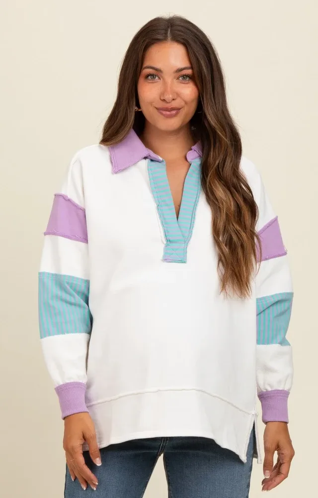 Lavender Colorblock Stripe Polo Maternity Sweatshirt