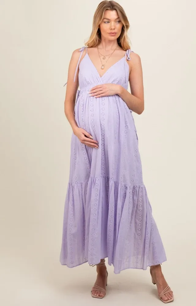 Lavender Floral Eyelet Shoulder Tie Maternity Dress