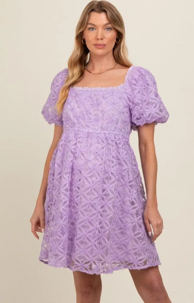 Lavender Floral Mesh Lace Puff Sleeve Maternity Dress