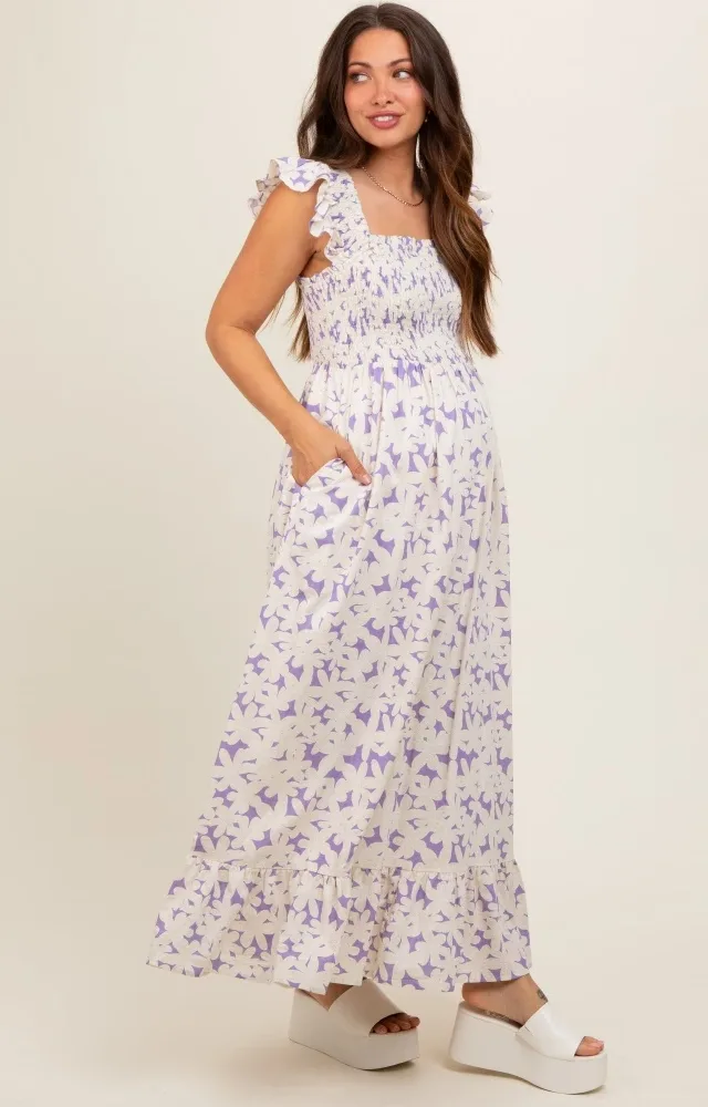 Lavender Floral Print Smocked Ruffle Sleeve Maternity Maxi Dress