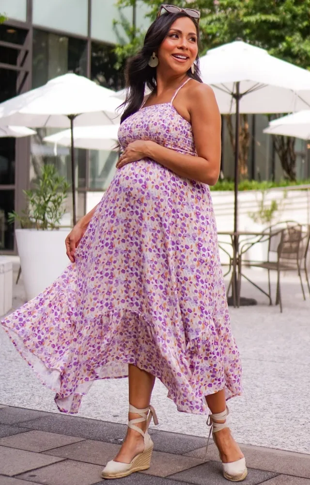 Lavender Floral Smocked Halter Flowy Maternity Maxi Dress