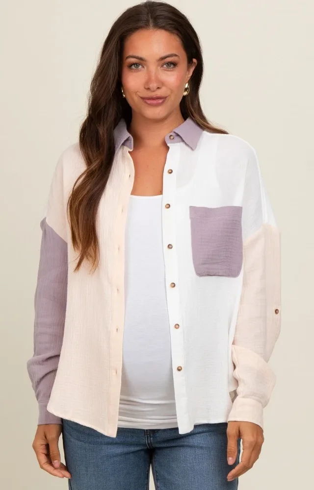 Lavender Lightweight Colorblock Maternity Button Up Top