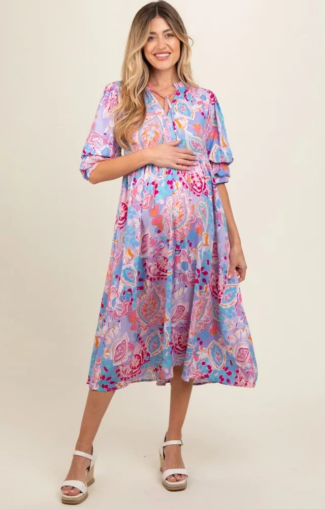 Lavender Paisley Print Tiered A-Line Maternity Midi Dress