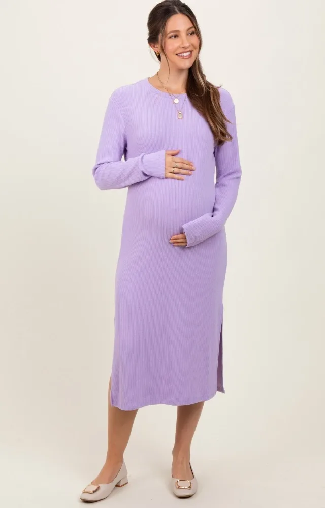 Lavender Ribbed Knit Long Sleeve Side Slit Maternity Midi Dress