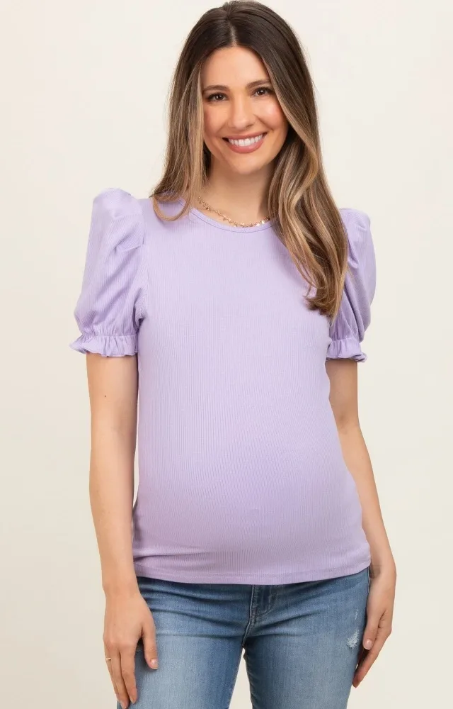 Lavender Ribbed Puff Sleeve Maternity Top