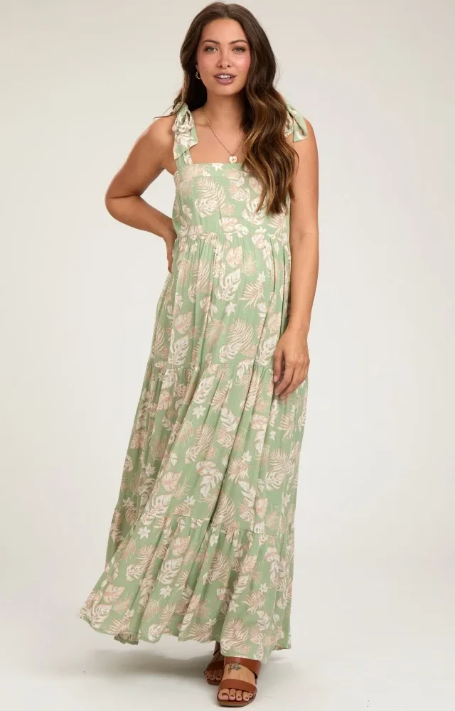 Leaf Printed Square Neckline Tie Strap Tiered Maternity Maxi Dress